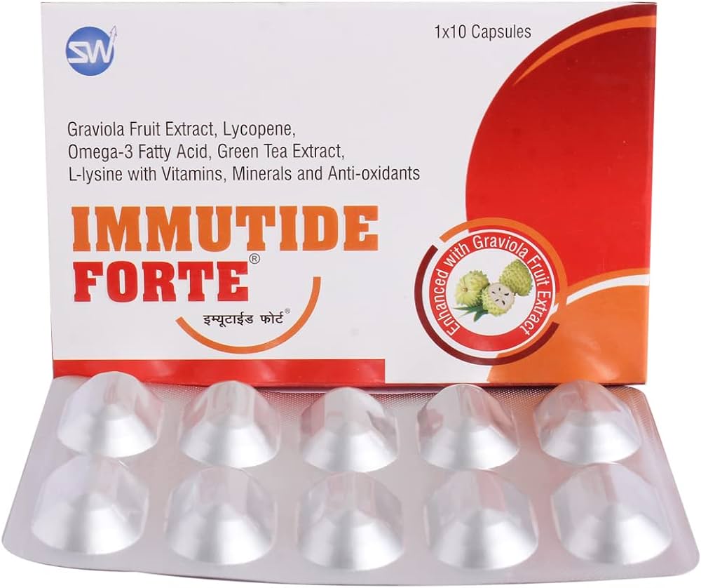 Immutide Forte Capsules - Graviola Fruit Extract, Lycopene, Omega-3 Fatty Acids, Green Tea Extract, L-Lysine, Vitamins, Minerals, Antioxidants